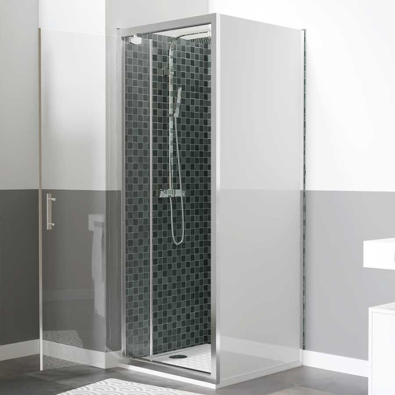 Paroi de douche d'angle avec porte pivotante et retour blanc NERINA - 80x90 cm