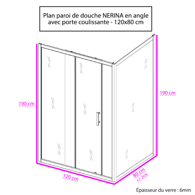 Porte de douche d'angle avec paroi pivotante NERINA - 120x80 cm 