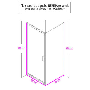 Paroi de douche d'angle avec porte pivotante NERINA - 90x80 cm