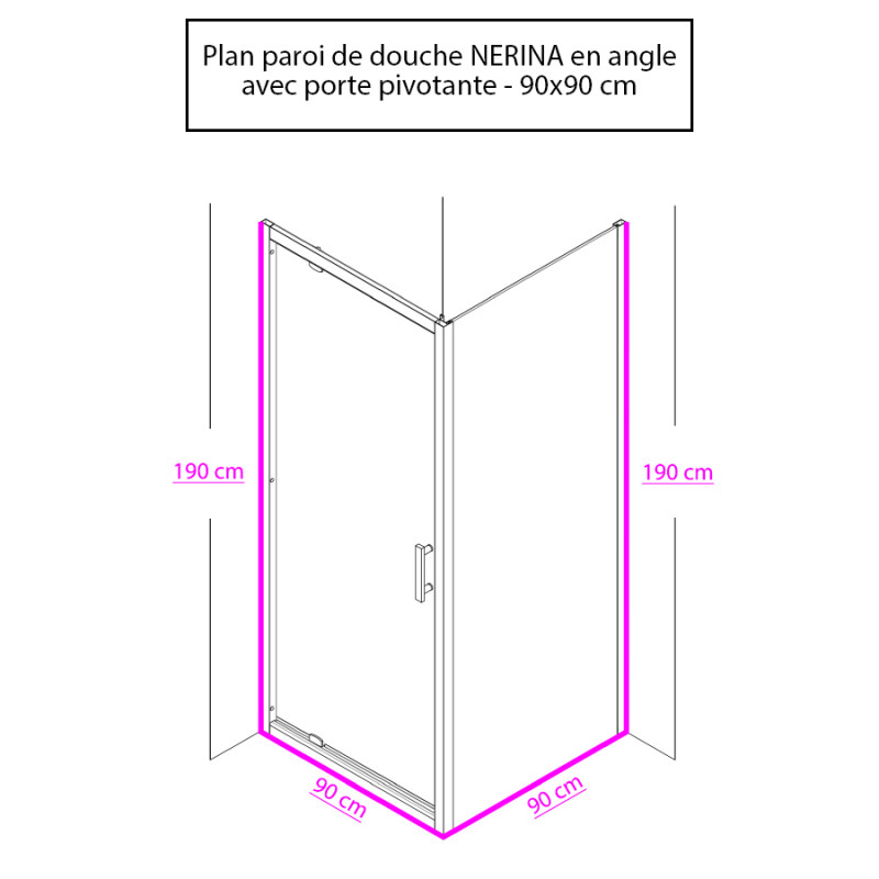 Paroi de douche d'angle avec porte pivotante et retour blanc NERINA - 90x90 cm