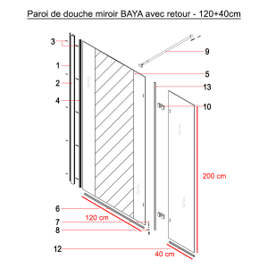 Paroi de douche avec miroir BAYA verre 8 mm avec retour - 120+40 x 200cm