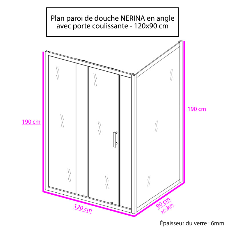 Porte de douche d'angle avec paroi coulissante NERINA - 120x90 cm