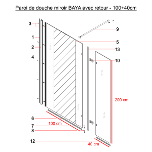 Paroi de douche avec miroir BAYA verre 8 mm avec retour - 100+40 x 200cm
