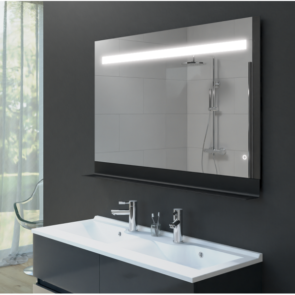 Miroir salle de bain 120 cm avec tablette métal noir style
