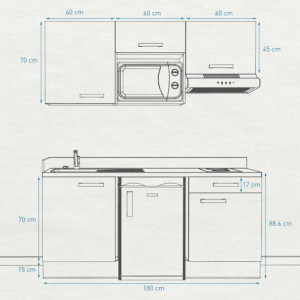 Kitchenette K22 - 180 cm avec emplacement frigo Top, micro ondes et hotte