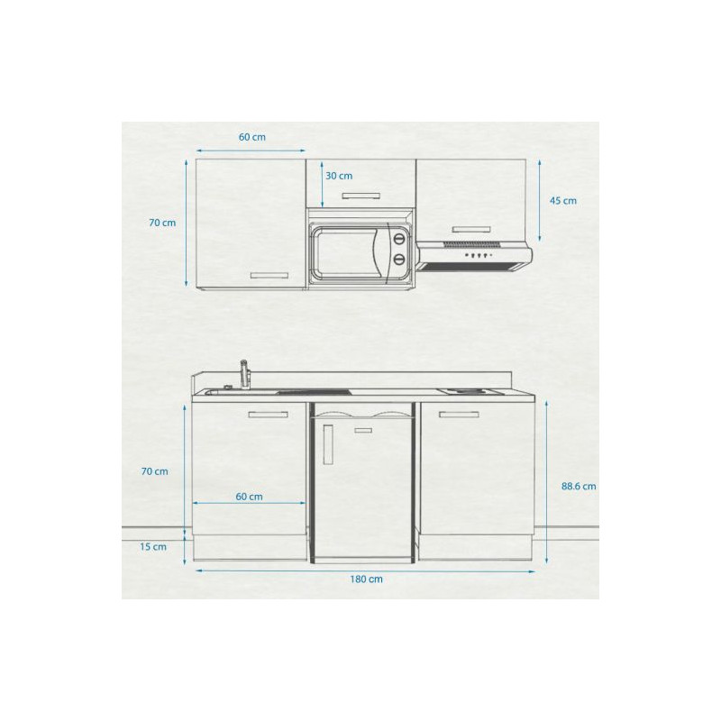 Kitchenette K29 - 180 cm avec emplacement frigo Top, hotte et micro ondes