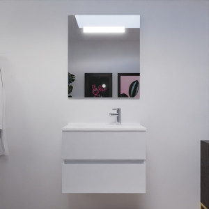 Meuble salle de bain ROSALY 70 cm avec plan vasque et miroir - Blanc Brillant