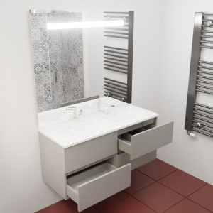 Meuble double simple ROSINOX 140 cm avec plan vasque et miroir LED - Gris clair Mat