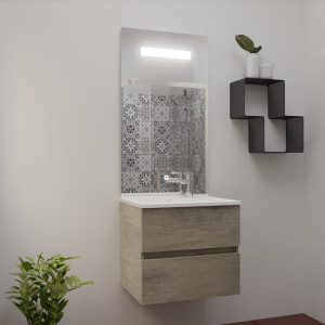 Meuble salle de bain complet ROSINOX 60 cm avec plan vasque et miroir - Chêne