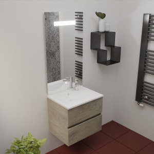 Meuble salle de bain complet ROSINOX 60 cm avec plan vasque et miroir - Chêne