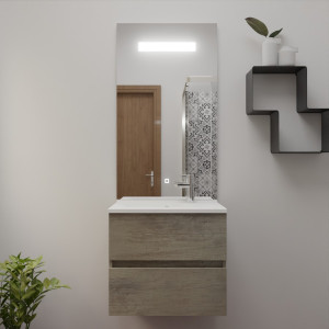Meuble salle de bain complet ROSINOX 60 cm avec plan vasque et miroir - Chêne