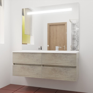 Meuble salle de bain en inox ROSINOX 140 cm avec plan double vasque et miroir - Chêne