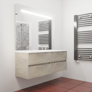 Meuble salle de bain en inox ROSINOX 140 cm avec plan double vasque et miroir - Chêne