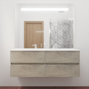 Meuble salle de bain en inox ROSINOX 140 cm avec plan double vasque et miroir - Chêne