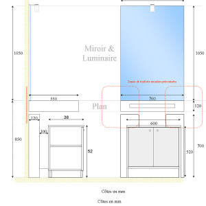 Meuble LEA 70 cm avec plan vasque, miroir et caisson sur pieds - blanc brillant