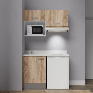 Kitchenette K02 - 120 cm avec plan monobloc, emplacement frigo, hotte et micro-ondes