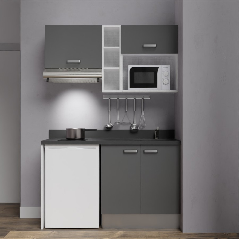 Kitchenette K13 - 140 cm avec étagère, emplacement hotte, réfrigérateur et micro-ondes