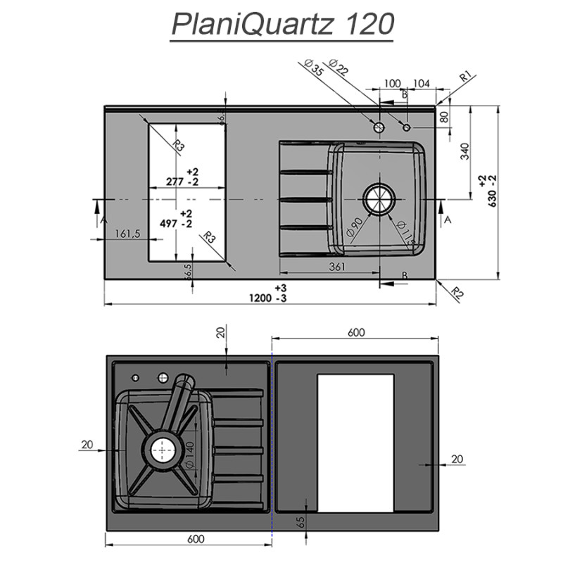 Plan de travail monobloc PlaniQuartz avec évier à droite - 120cm CROMO
