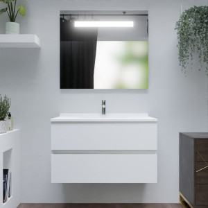 Meuble salle de bain ROMY 90 blanc brillant avec miroir éclairant ELEGANCE 90x80 cm