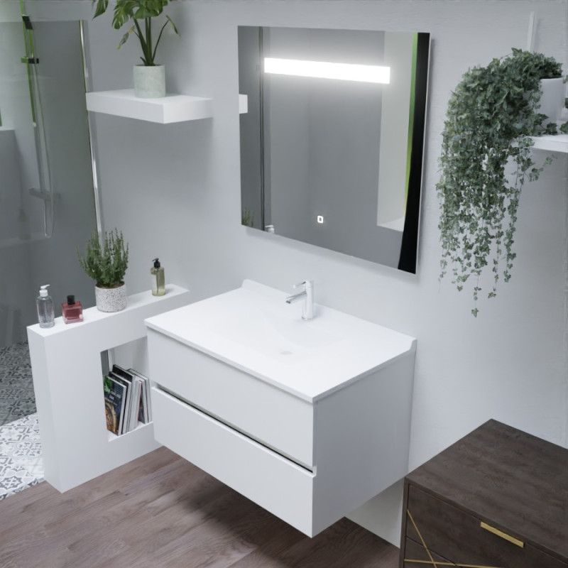 Meuble salle de bain ROMY 90 blanc brillant avec miroir éclairant ELEGANCE 90x80 cm