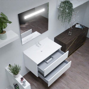Meuble salle de bain ROMY 90 blanc brillant avec miroir éclairant ELEGANCE 90x80 cm