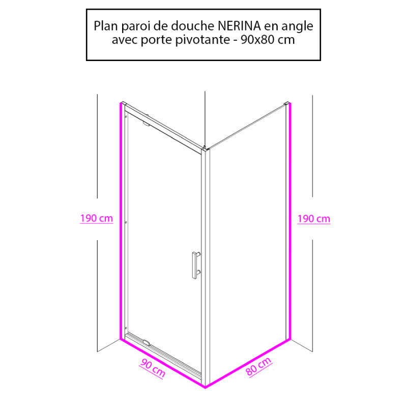 Paroi de douche d'angle avec porte pivotante NERINA Black mat - 90x80 cm