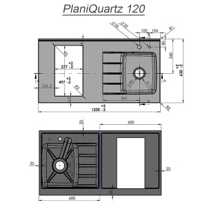 Plan de travail monobloc PlaniQuartz avec évier à gauche - 120cm NERO