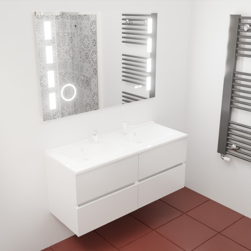 Meuble double vasque ROSINOX 120 cm avec plan double vasque et miroir LED - Blanc Mat
