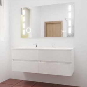 Meuble double vasque ROSINOX 140 cm avec plan double vasque et miroir LED - Blanc Mat