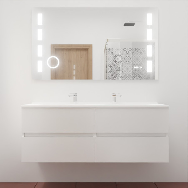 Meuble double vasque ROSINOX 140 cm avec plan double vasque et miroir LED - Blanc Mat