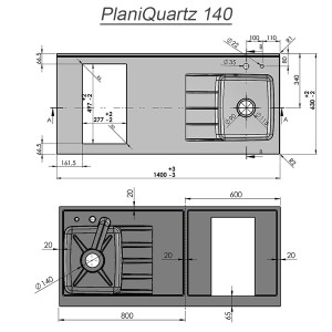 Plan de travail monobloc PlaniQuartz avec évier à droite - 140cm SNOVA