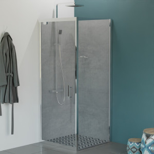 Paroi de douche d'angle 80x80 cm avec porte pivotante avec retour sans cadre NERINA