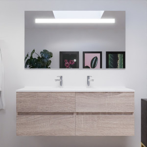 Meuble double vasque 140 cm ROSALY couleur bois avec plan vasque en résine et miroir LED 140 cm x 80 cm