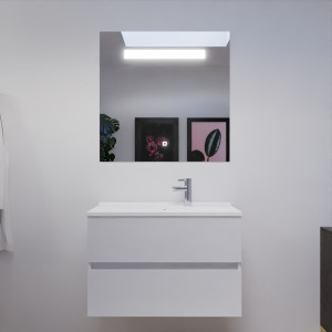 Meuble salle de bain ROSALY 80 cm avec plan vasque et miroir - Blanc brillant
