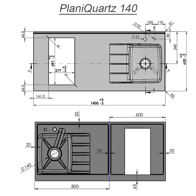 Plan de travail monobloc PlaniQuartz avec évier à droite - 140cm NERO
