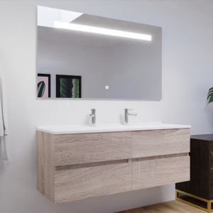 Meuble double vasque 140 cm ROSALY couleur bois avec plan vasque en résine et miroir LED 140 cm x 80 cm