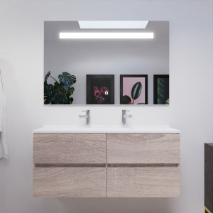 Meuble double vasque 120 cm ROSALY couleur bois avec plan vasque en résine et miroir LED 120 cm x 80 cm 