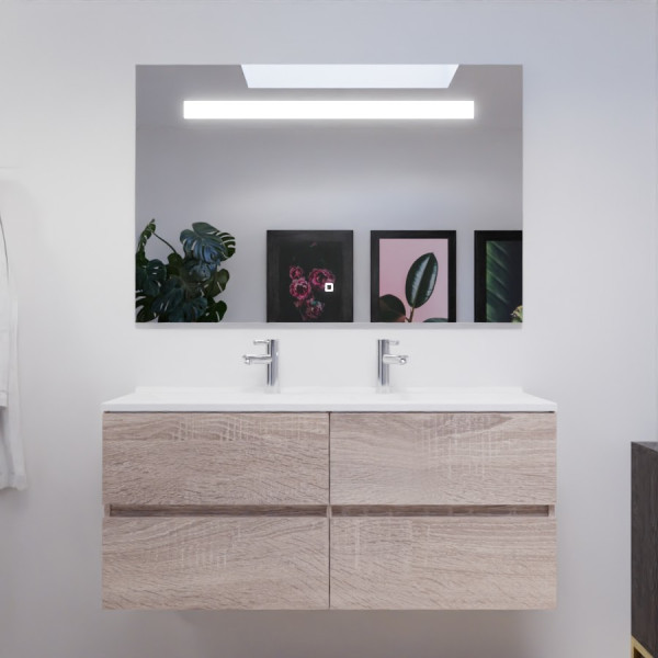 Meuble double vasque 120 cm ROSALY couleur bois avec plan vasque en résine et miroir LED 120 cm x 80 cm 