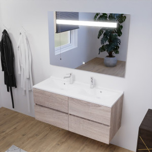 Meuble double vasque 120 cm ROSALY couleur bois avec plan vasque en résine et miroir LED 120 cm x 80 cm 