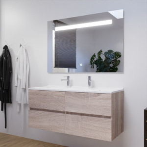 Meuble double vasque 120 cm ROSALY couleur bois avec plan vasque en résine et miroir LED 120 cm x 80 cm 