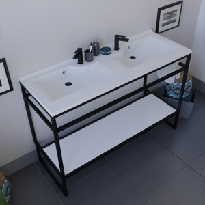 Meuble salle de bain STRUCTURA 120 cm en métal noir avec étagère et plan double vasque blanc