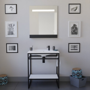 Ensemble salle de bain STRUCTURA 70 cm meuble ouvert en métal noir avec plan vasque et miroir ETAL 70x80 cm
