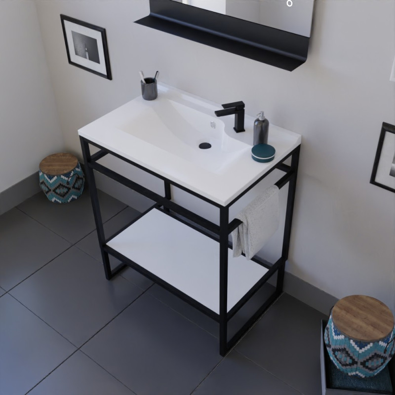 Ensemble salle de bain STRUCTURA 70 cm meuble en inox noir avec plan vasque et miroir ETAL 70x80 cm