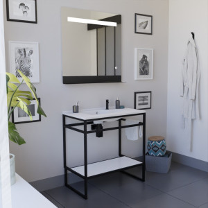 Ensemble salle de bain STRUCTURA 80 cm meuble ouvert en métal noir avec plan vasque et miroir ETAL 80x80 cm