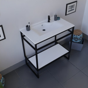 Meuble salle de bain ouvert en métal noir STRUCTURA 80 cm avec étagère et plan vasque blanc