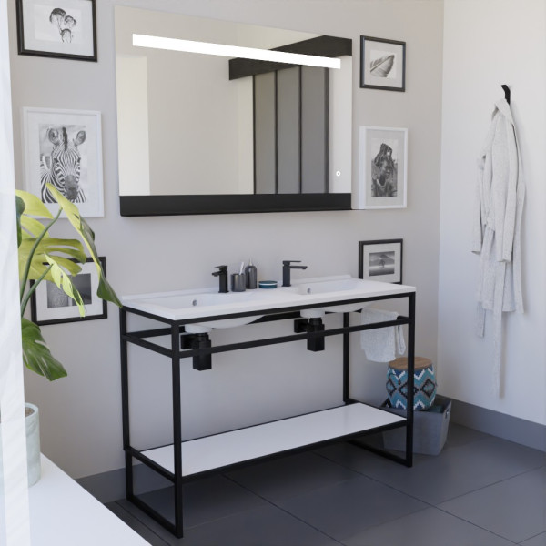 Ensemble salle de bain STRUCTURA 120 cm meuble en inox noir avec plan double vasque et miroir ETAL 120x80 cm