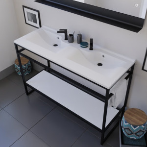 Ensemble salle de bain STRUCTURA 120 cm meuble en inox noir avec plan double vasque et miroir ETAL 120x80 cm