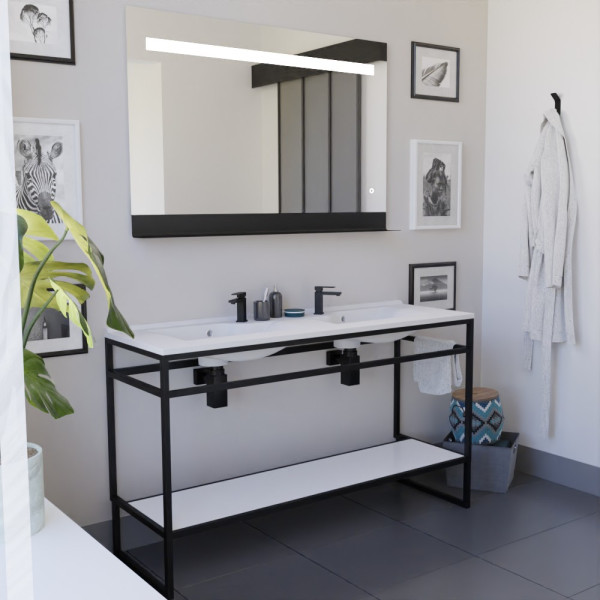 Meuble double vasque STRUCTURA 140 cm meuble en inox noir, étagère ouverte blanche, miroir LED 120x80 cm
