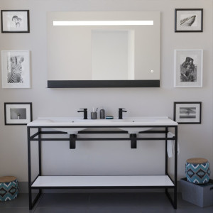 Ensemble salle de bain STRUCTURA 140 cm meuble en inox noir avec plan double vasque et miroir ETAL 120x80 cm