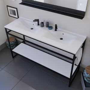 Ensemble salle de bain STRUCTURA 140 cm meuble en inox noir avec plan double vasque et miroir ETAL 120x80 cm